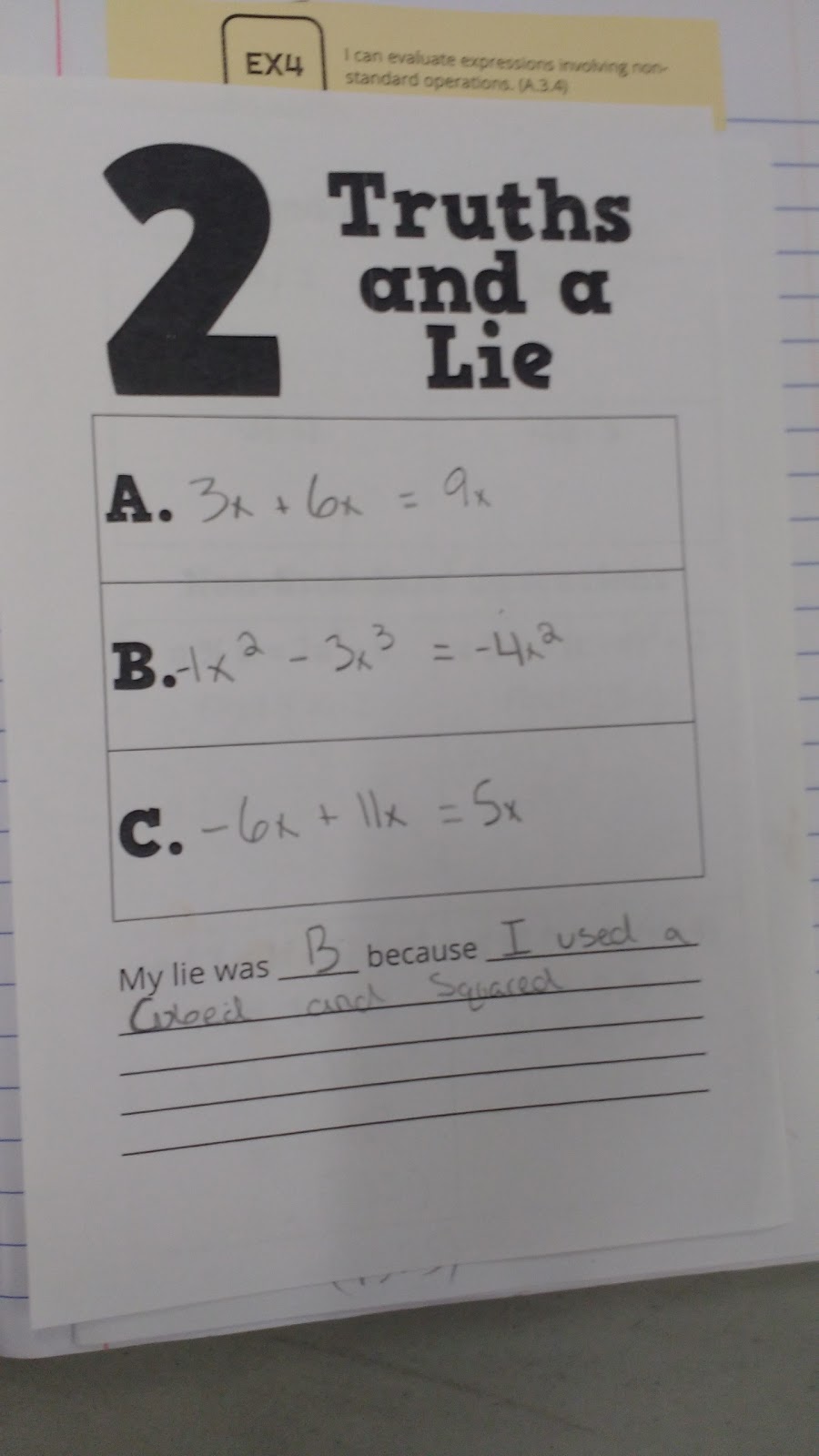 Two truths and a lie combining like terms activity.