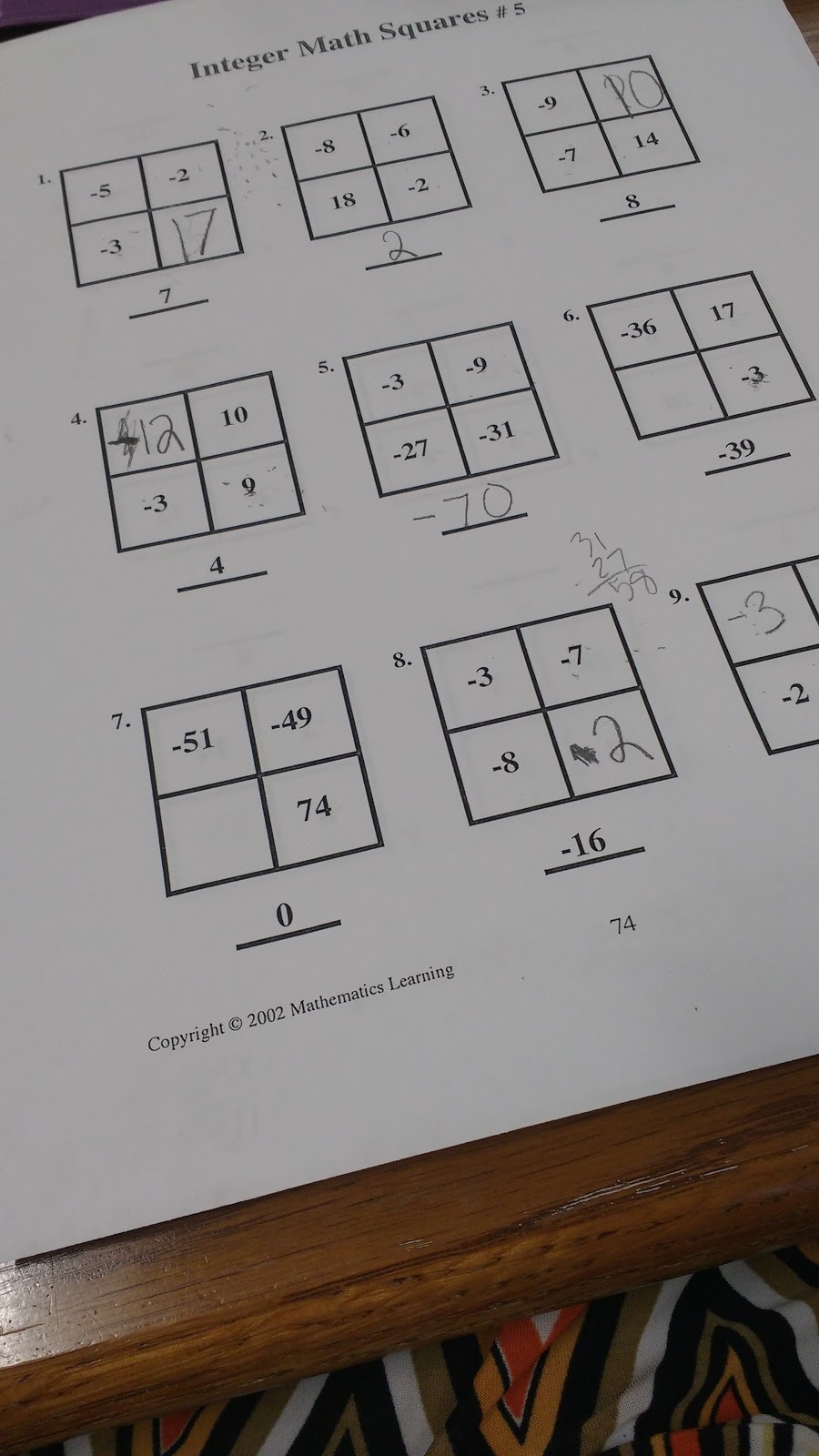 integer math squares puzzles. 