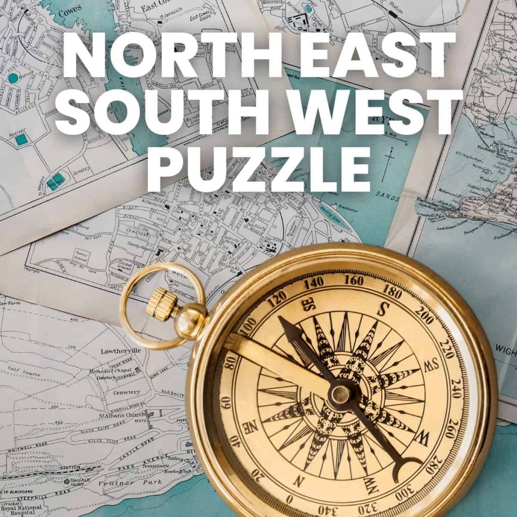 north east south west puzzle with photograph of compass on top of maps 
