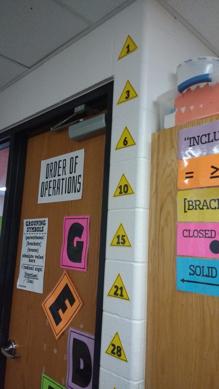 triangular number posters on wall of high school math classroom.