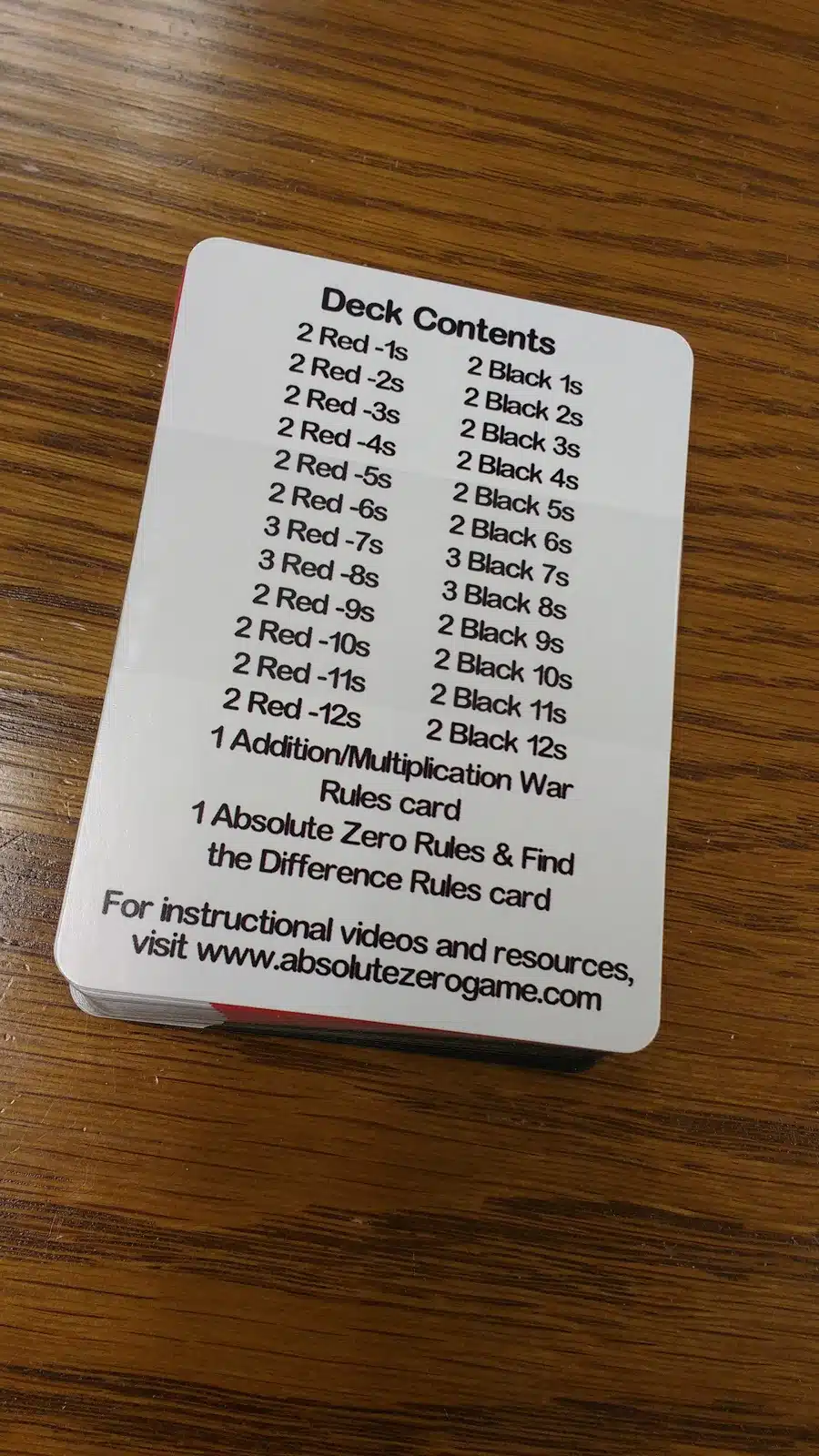 absolute zero card game for math class