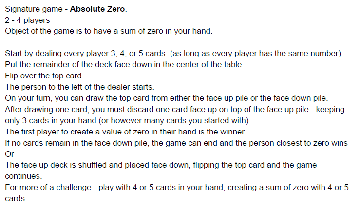 absolute zero card game for math class