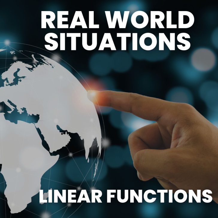 finger pointing to globe with text "real world situations: linear functions"