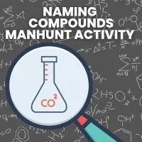 naming chemical compounds manhunt activity with drawing of magnifying glass and beaker of carbon dioxide