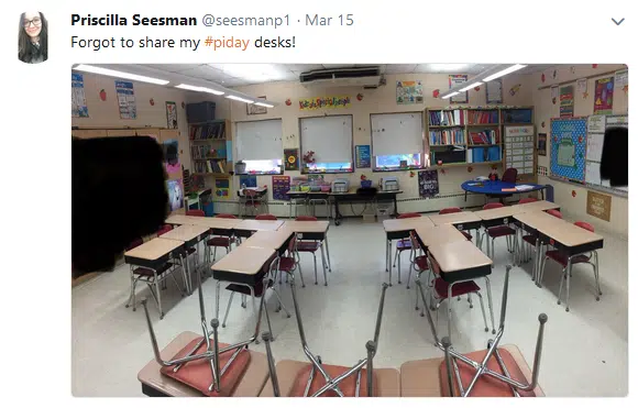 classroom desks arranged into pi symbols for pi day 