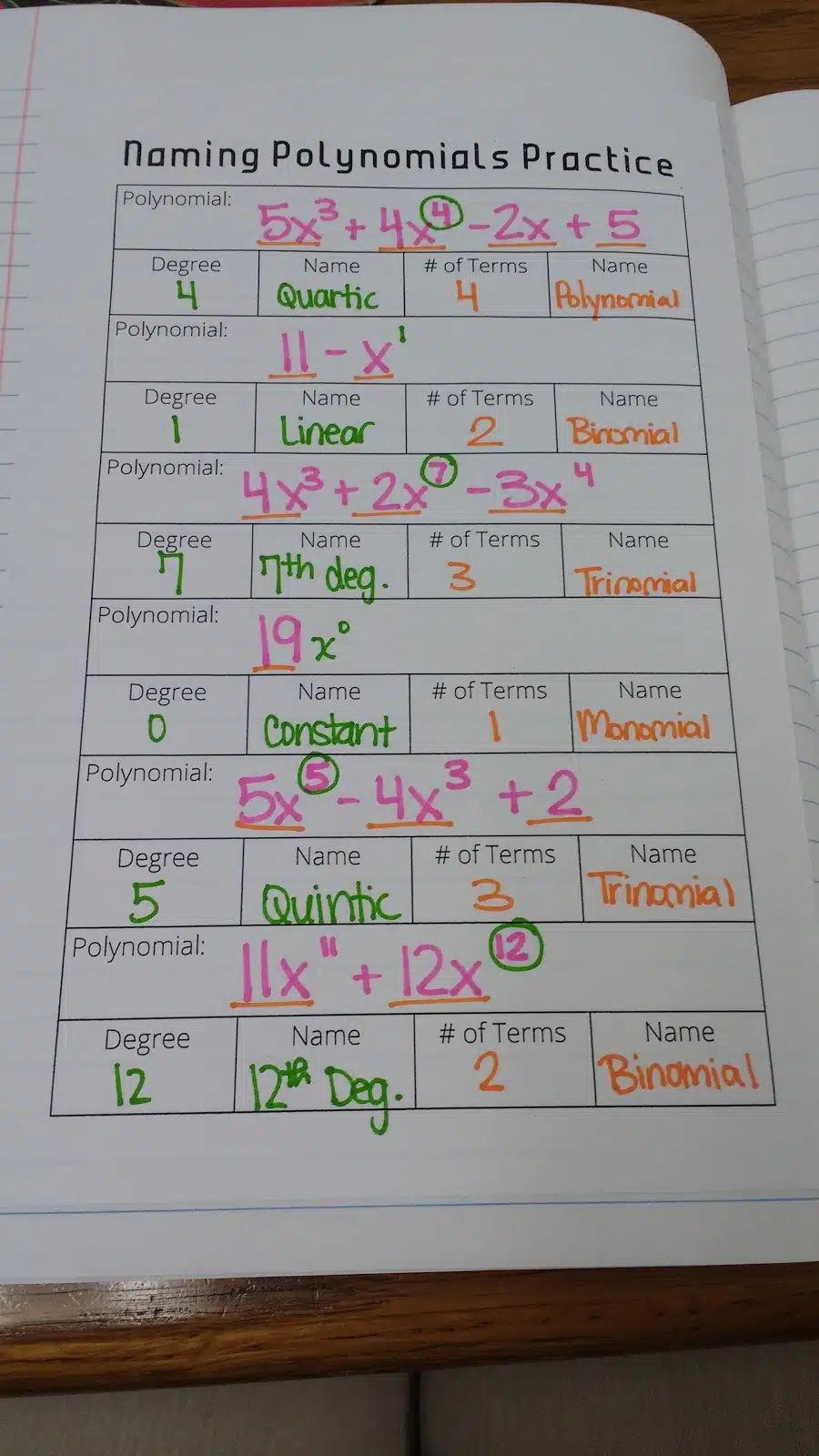 Naming Polynomials Practice Sheet in interactive notebook. 