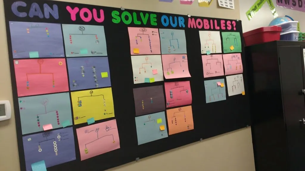 solveme mobiles bulletin board in math classroom 