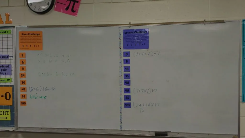 number challenge hanging on dry erase board in classroom. 