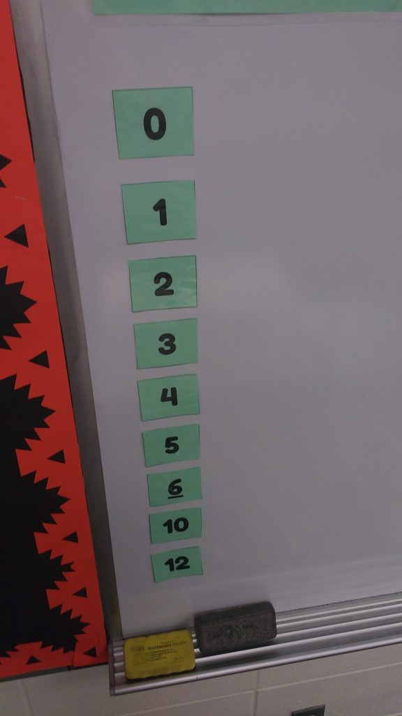 number cards taped to dry erase board for twos to nines challenges. 