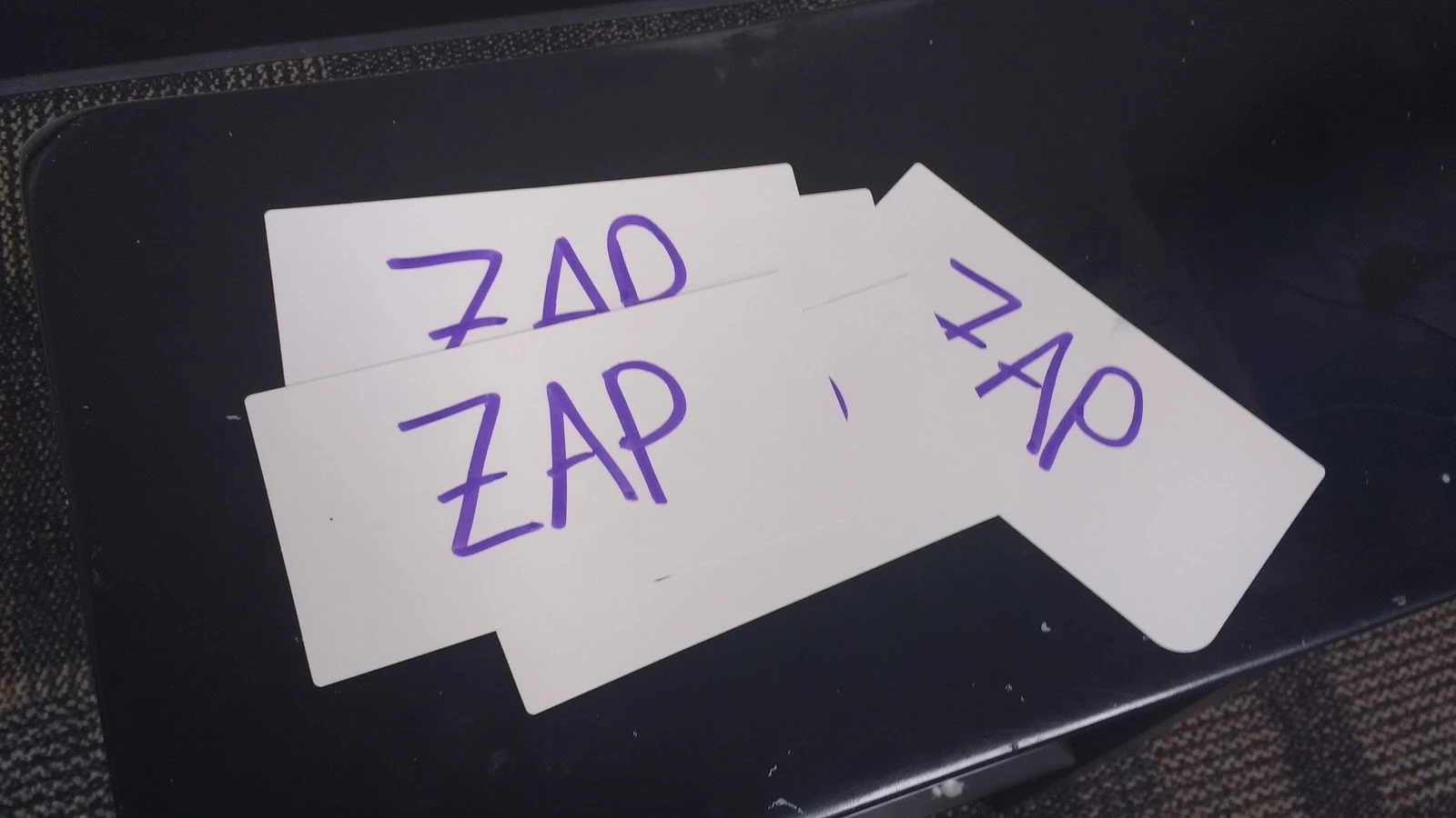 zap written on index cards for zap review game. 