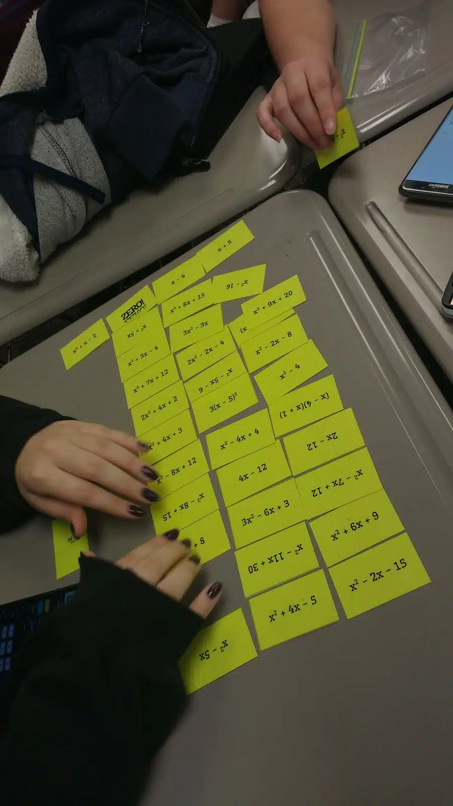 zero game to introduce factoring quadratics. 