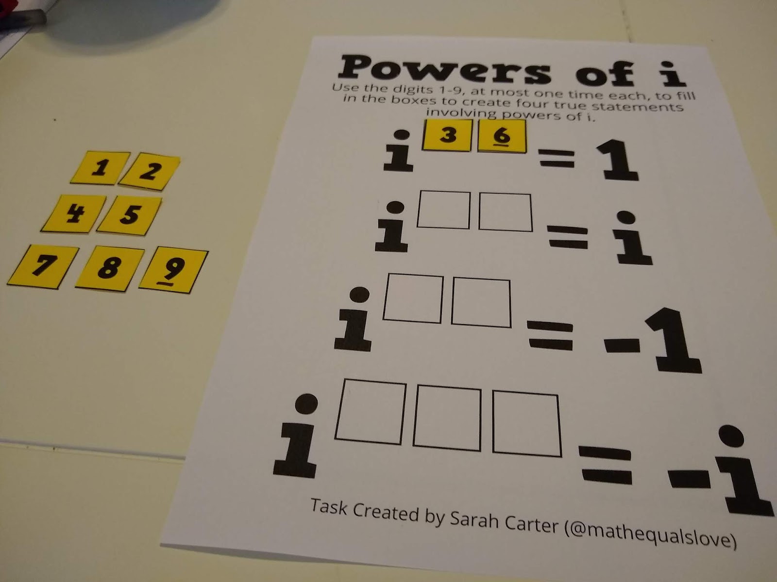 Powers of i Activity with Small Number Cards to Move Around.