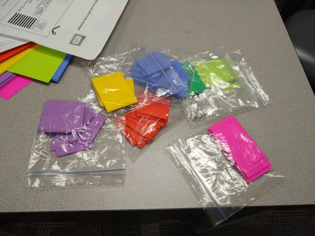 ziplock bags of small squares of paper for yearly number challenge. 