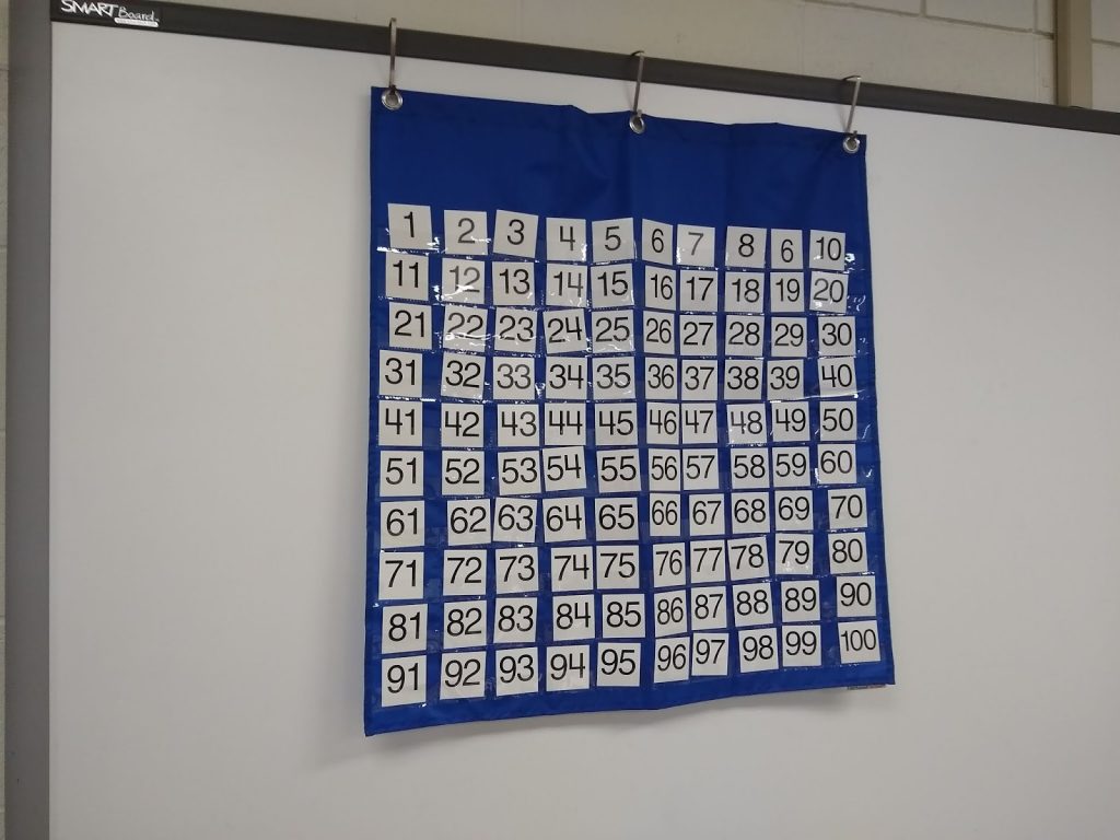 hundred pocket chart hanging in front of smartboard 