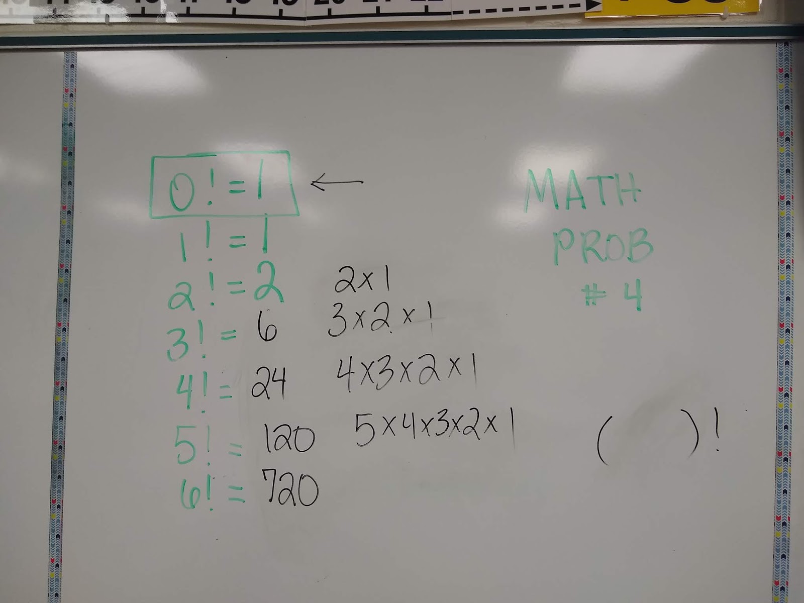 factorial overview written on dry erase board in classroom. 