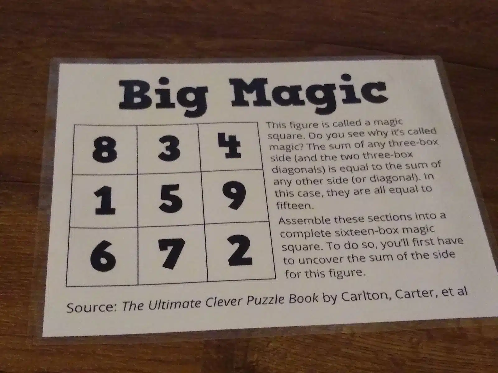 Big Magic, a Magic Square Puzzle