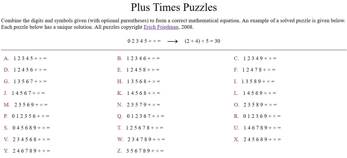 plus times puzzles erich friedman