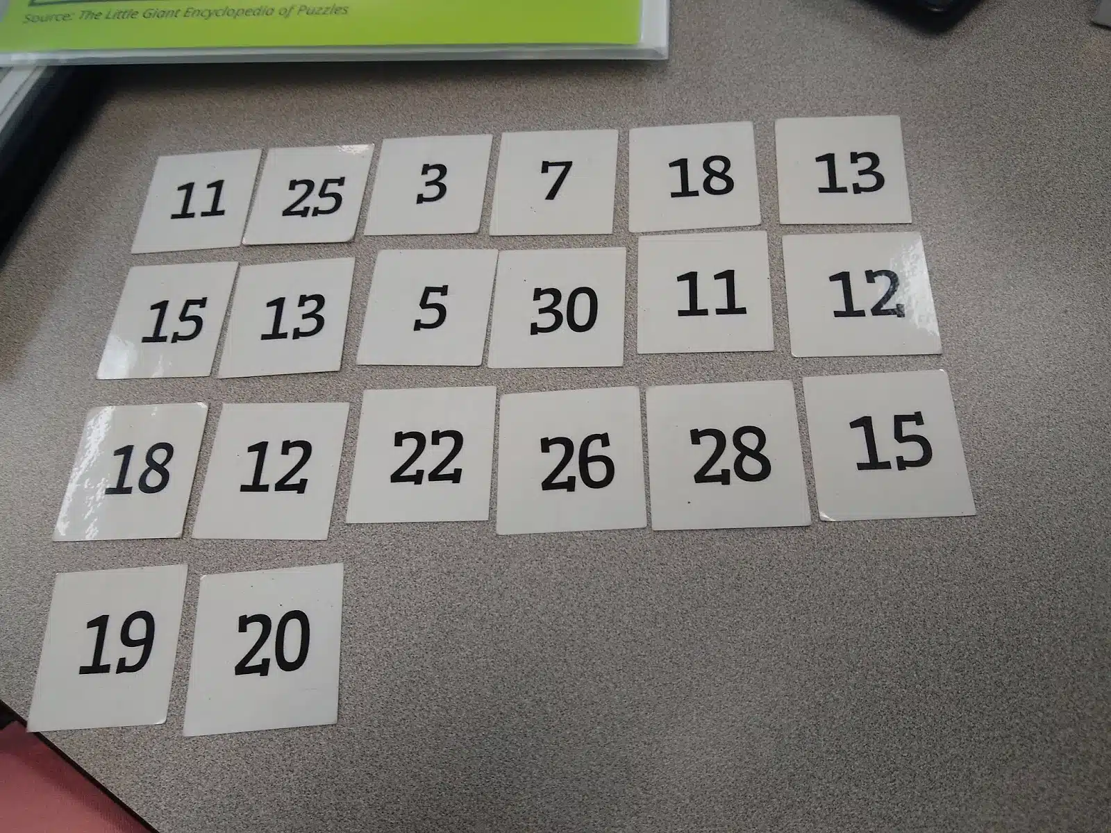 number cards for train game. 