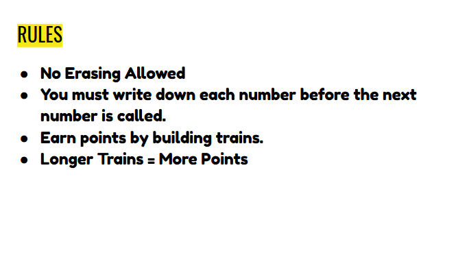 slide with rules for train game. 