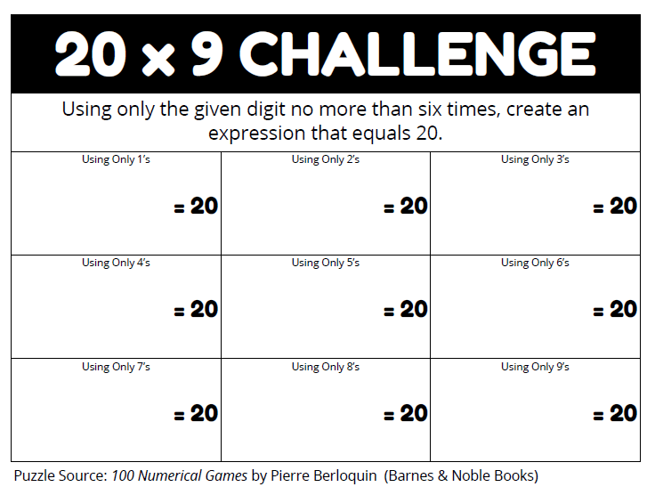 20 x 9 Challenge Number Puzzle. 