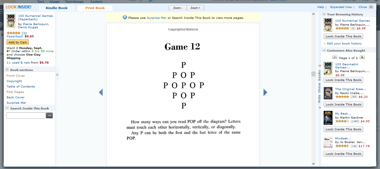 Screenshot of Inside Page of Pierre Berloquin's 100 Numerical Games on Amazon. 