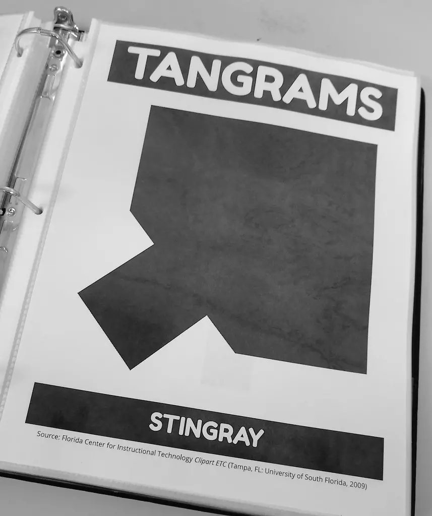 tangram puzzle binder with stingray puzzle inside. 