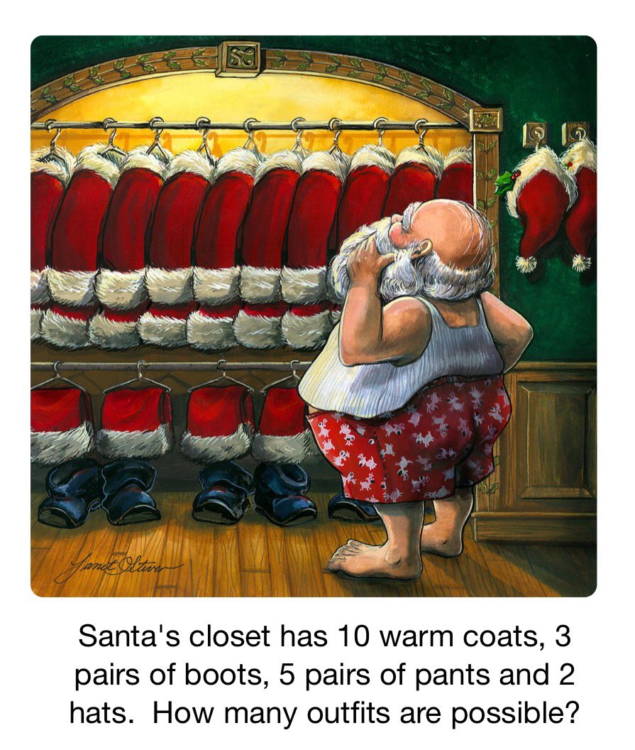 Cartoon Santa looking at closet of santa suits 