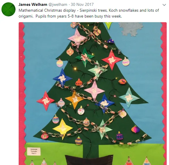 Bulletin Board Christmas tree decorated with student creations 