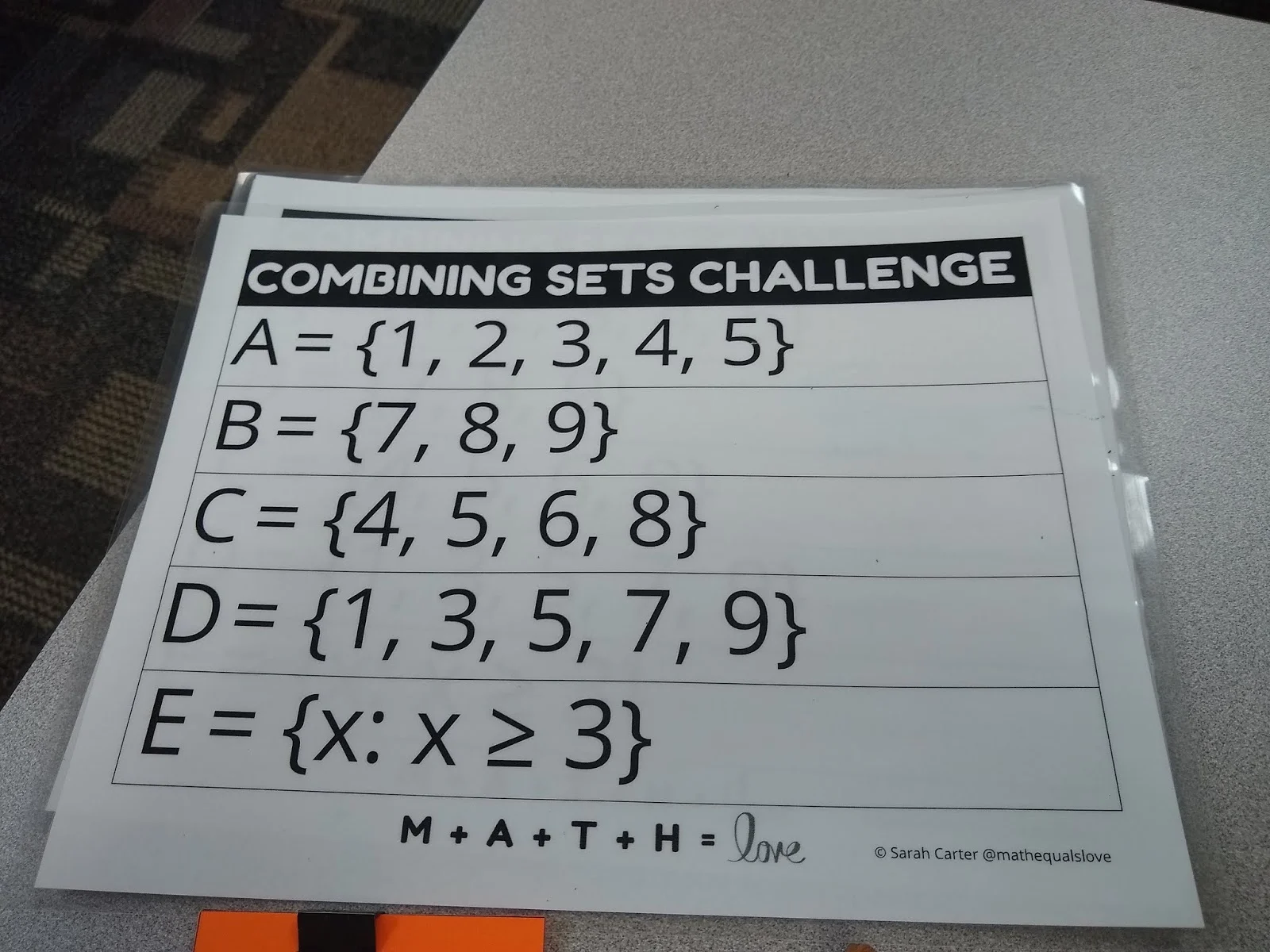 Combining Sets Challenge - Activity to give math students practice with set notation
