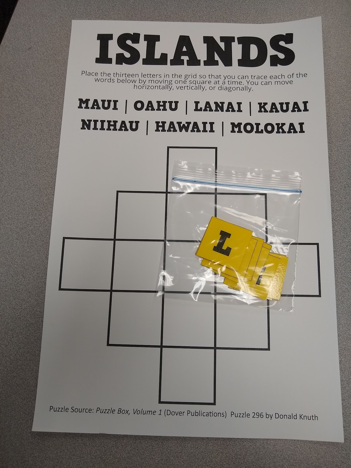 printed copy of Islands puzzle from donald knuth with bag of letter pieces on top 