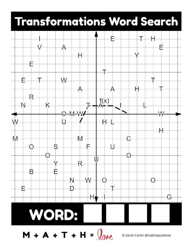dry erase template version of transformations of functions word search activity 