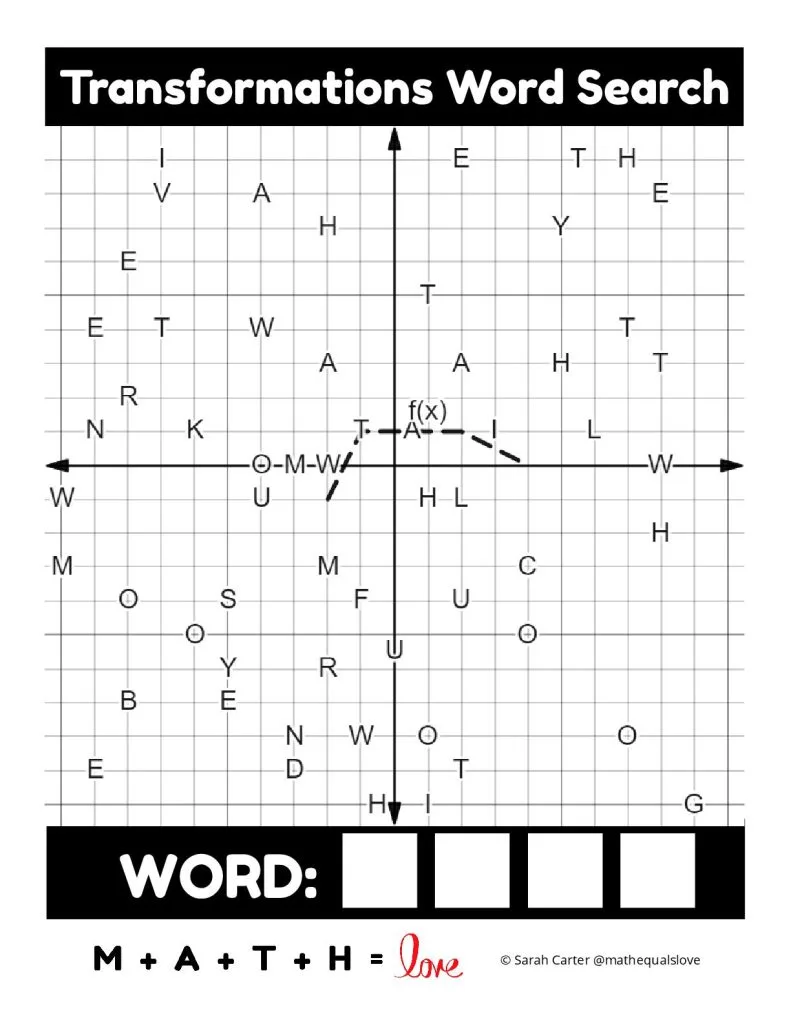 dry erase template version of transformations of functions word search activity 