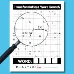 transformations of functions word search activity with magnifying glass close-up of worksheet
