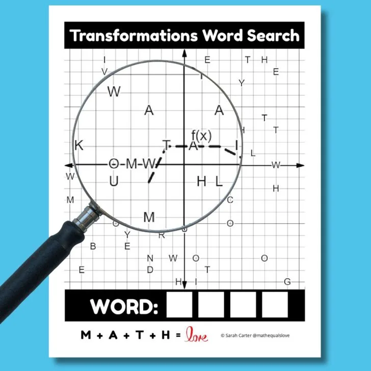 transformations of functions word search activity with magnifying glass close-up of worksheet