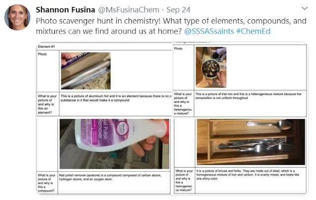 Shannon Fusina Tweet re: photo scavenger hunt in chemistry 