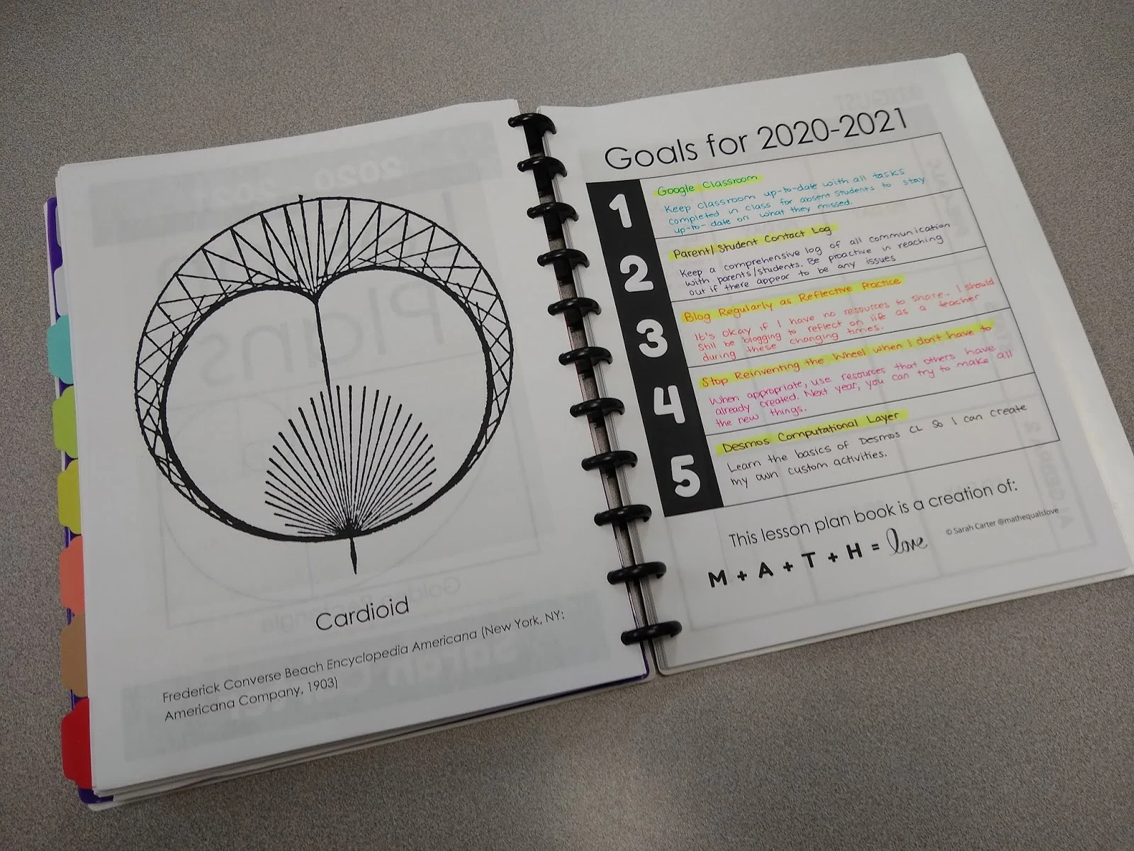 goals for the 2020-2021 school year page in teacher lesson plan book