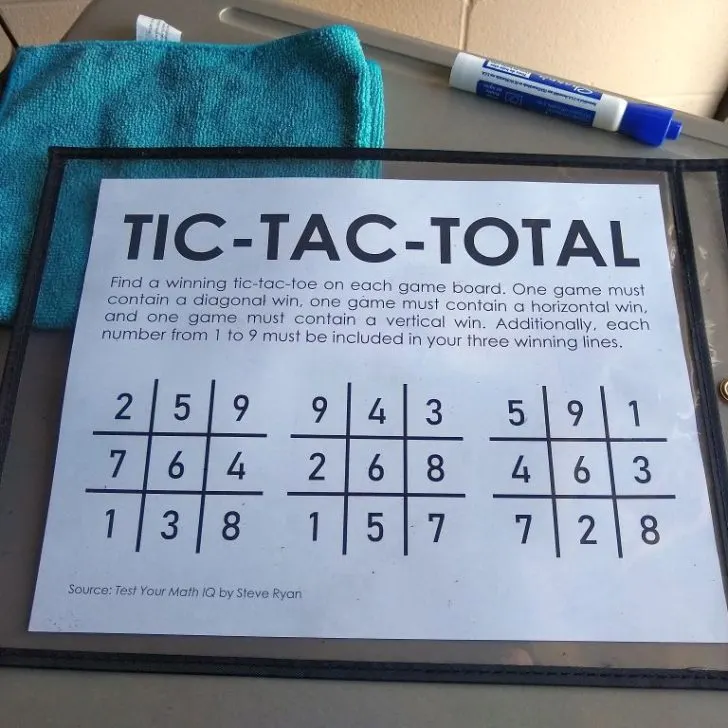Tic Tac Total Puzzle in Dry Erase Pocket.