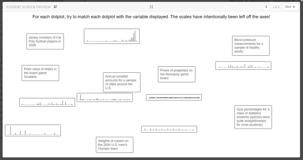 Dotplot Matching Activity from Workshop Statistics by Allan J. Rossman and Beth L. Chance