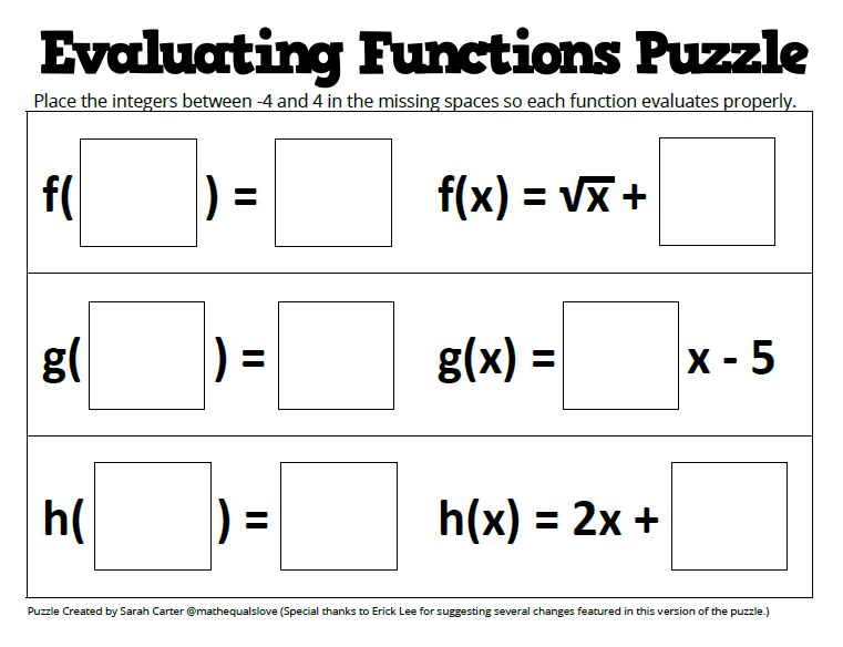 screenshot of evaluating functions puzzle. 