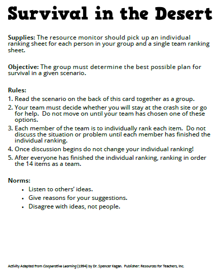 Survival in the Desert Groupwork Activity Instructions