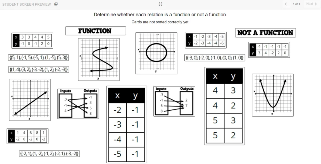 Desmos version of function vs not a function card sort activity 