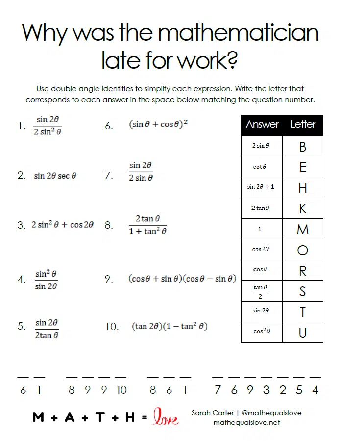 Double Angle Identities Joke Worksheet | Math = Love