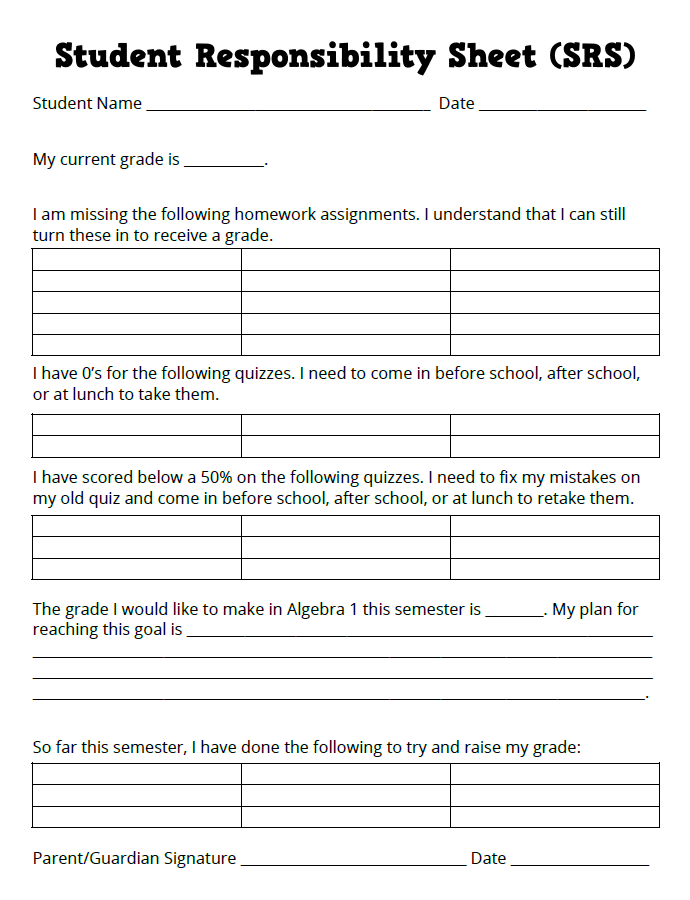 Student Responsibility Sheets Math Love