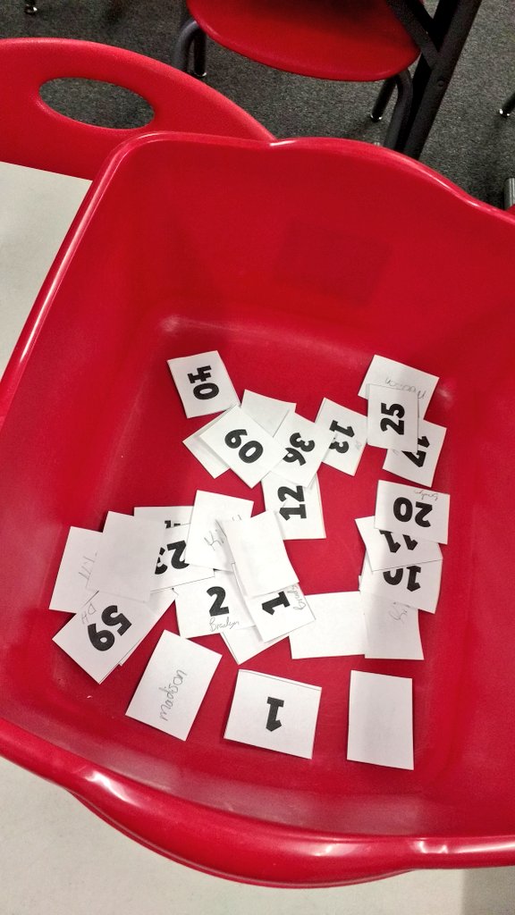 small pieces of paper in bucket with numbers from 1 to 100 written on individual pieces. 