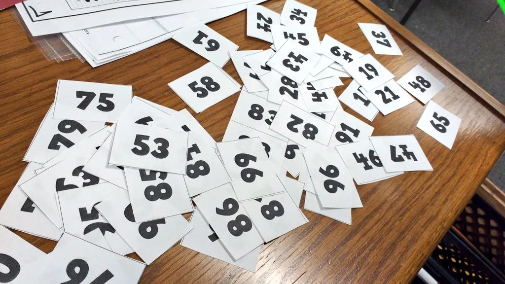 small pieces of paper with numbers 1-100 printed on individual pieces. 