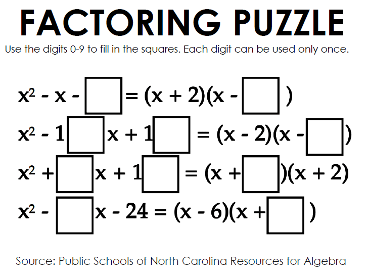 Factoring Puzzle for Quadratic Trinomials
