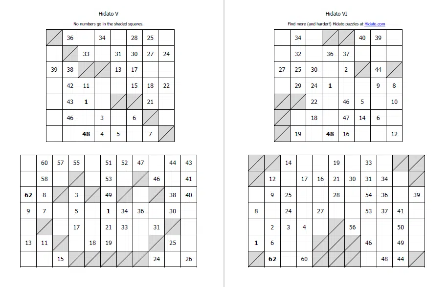 22 free printable hidato puzzles