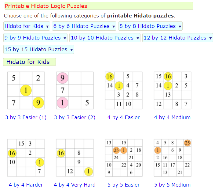 hidato puzzles from math in english wesite. 