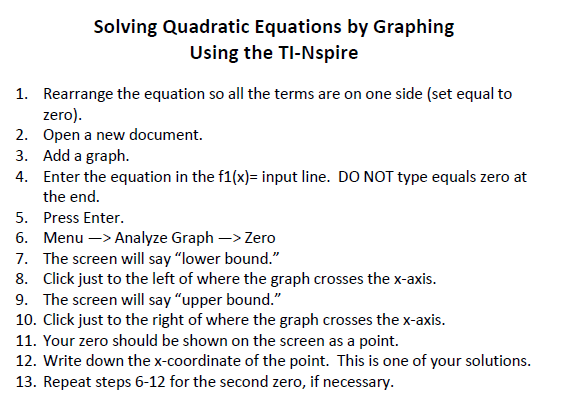 solving quadratic equations by graphing using the ti-nspire