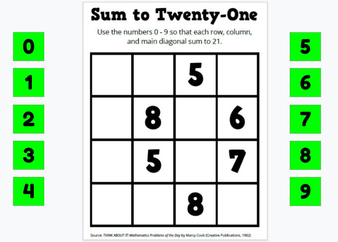 sum to twenty-one puzzle